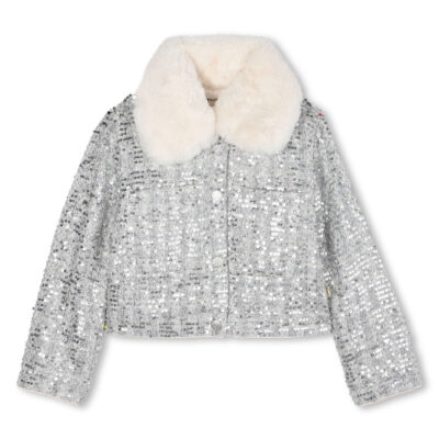 Billieblush Silver Sequin Faux Fur Collar Jacket