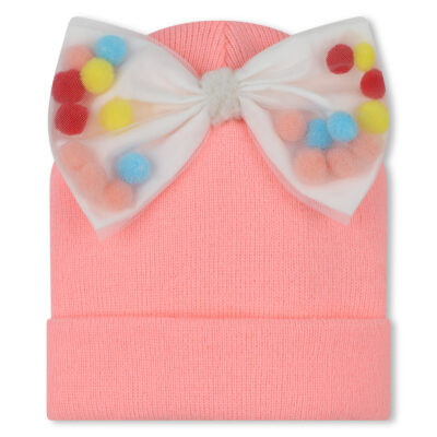 Billieblush Peach Pull On Hat With Pom Pom Filled Bow