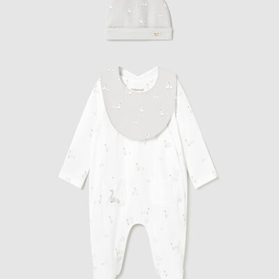 Mayoral Grey & White Romper, Bib & Hat 3 Piece Set