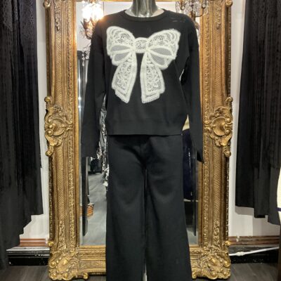 Black Knitted Lounge Suit With Lacey Bow Detail