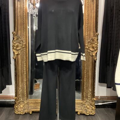 Black Knitted Lounge Suit With Cream Trim & Button Shoulder Detail