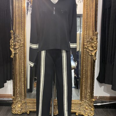 Black & Cream Striped Leg & Sleave Knitted Lounge Suit With Collar
