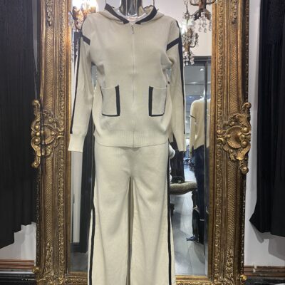 Cream Knitted Lounge Suit With Hood, Pockets & Black Trim