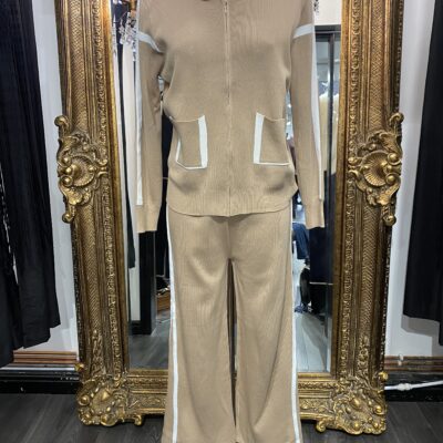 Stone Knitted Lounge Suit With Hood, Pockets & Cream Trim