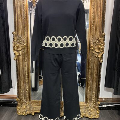 Black Knitted Lounge Suit With Cream Crochet Trim