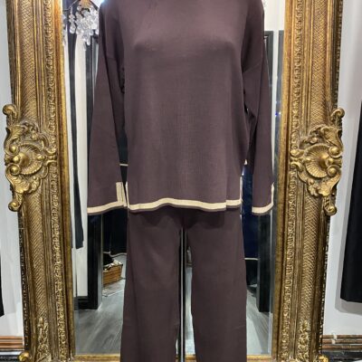 Chocolate Brown Knitted Lounge Suit With Gold Trim