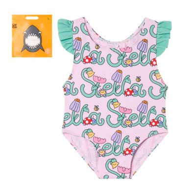 Stella McCartney Pink Patterned Swimsuit With Green Frill Shoulder Detail
