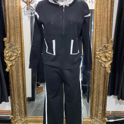 Black Knitted Lounge Suit With Hood, Pockets & White Trim