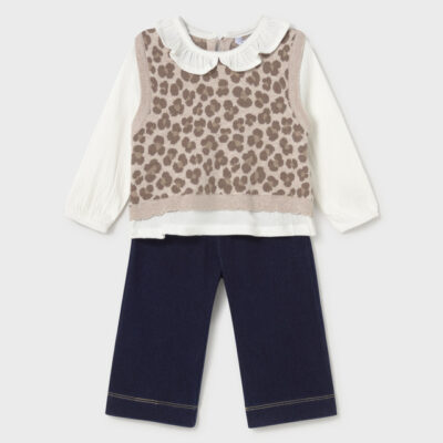 Pre Order Mayoral Walnut Attached Blouse & Vest With Jeans Set