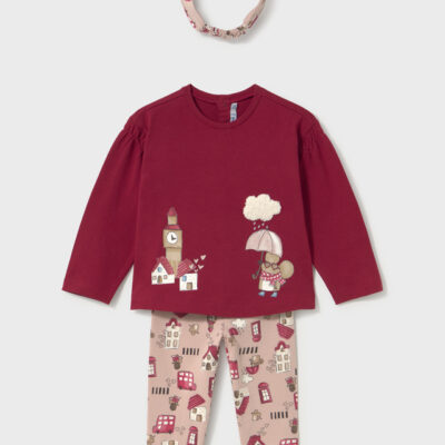 Pre Order Mayoral Red Top, patterned Leggings & Headband Set