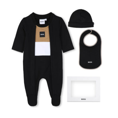 PRE ORDER BOSS Baby Black Babygrow, Matching Hat and Bib