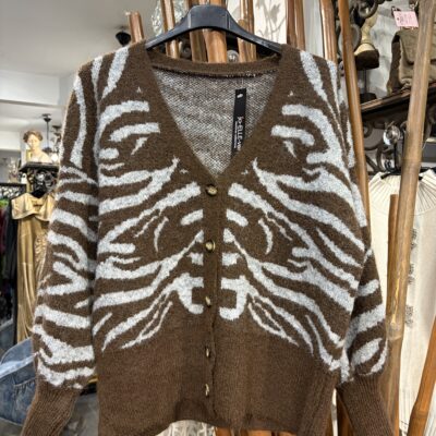 Ladies Zebra Knitted Cardigan in Brown
