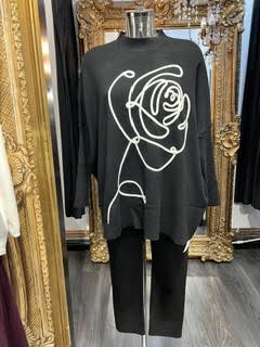 Ladies Black Jumper With White Rose