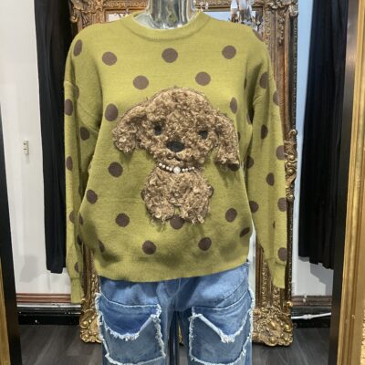 Ladies Green and Brown Spotty Dog Jumper
